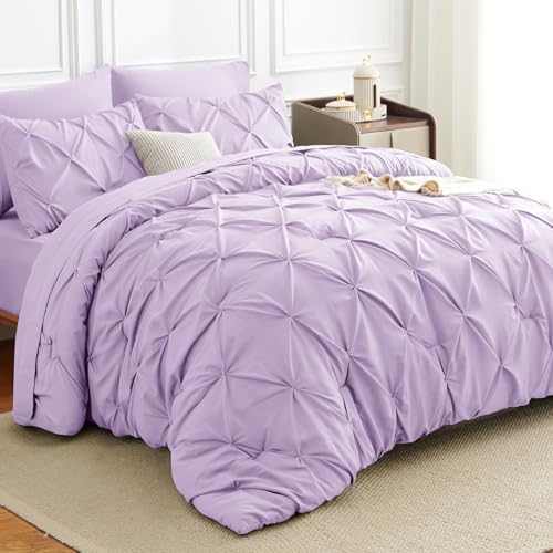 HIMEET King Size Comforter Set Lavender - 7 Pieces Pintuck Bed in a Bag