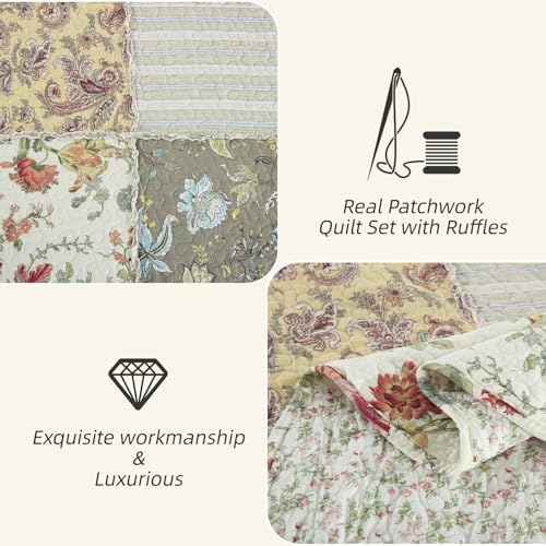 Yvooxny 3-Piece Quilt Set Queen Size Quilted Bedspread Reversible Country Style Floral Real Patchwork Bedding Quilt Set with Ruffles with Pillowcases for All Seasons, 98 * 90 Inches