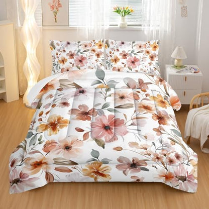 Nttopship Pink Yellow Floral Comforter Bedding Set with 2 Pillowcase King Size Flower Comforter Set for Kids Boys Girls Bedroom Decor