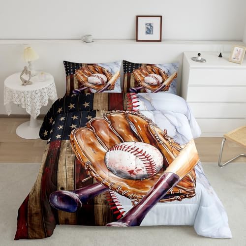 Sports Baseball Comforter Set Toddler Size Vintage Baseball Gloves Bedding Set Bedroom Decor American Flag Wooden Barn Quilt Set for Kids Boys Teens Luxury Marble Breathable Duvet Insert 2Pcs