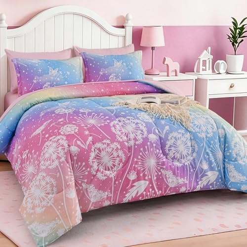 Dinjoy Girls Comforter Set 5 Pieces, Twin Size Colorful Ombre Rainbow Bedding Set, Bed in A Bag for Kid Teen Girls (1 Comforter, 1 Flat Sheet, 1 Fitted Sheet, 1 Pillow Shams, 1 Pillowcases)