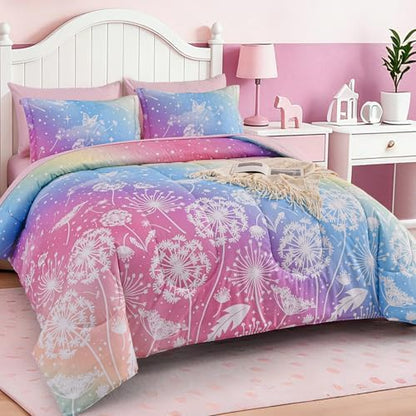 Dinjoy Girls Comforter Set 5 Pieces, Twin Size Colorful Ombre Rainbow Bedding Set, Bed in A Bag for Kid Teen Girls (1 Comforter, 1 Flat Sheet, 1 Fitted Sheet, 1 Pillow Shams, 1 Pillowcases)