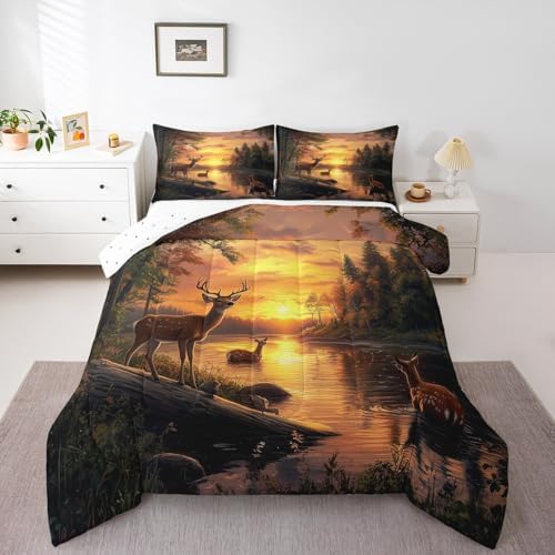 Feelyou Deer Comforter Sets King Size for Boys Kids Teens,Wild Animal Bedding Sets Hunting Comforter Sets Woodland Moose Wildlife Forest Bed Set, with 1 Comforter 2 Pillowcase