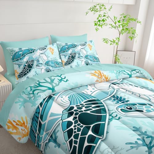 HOSIMA 7Pcs Sea Turtle Comforter Set Ocean Themed Bedding King for Kids.