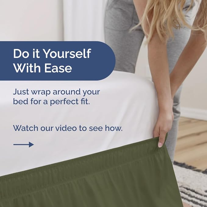 Wrap Around Dust Ruffle Bed Skirt - Sage Green - for Queen Size Beds with 24 Inch Drop - Elastic Strap - Adjustable Pleated Bedskirt with Brushed Fabric and Wrinkle Free - For Women, Men, Kids & Teens