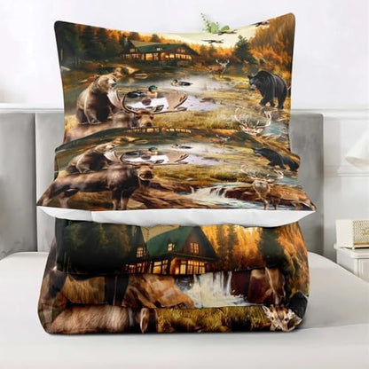 LUVIVIHOME 2PCS Black Bear Moose Elk Deer Comforter Set Twin Size, Rustic Cabin Bedding, Mallard Duck Forest Animal Wildlife Hunting Hunter Country Lodge Rustic Farmhouse Bedroom Decor, 1 Pillow Sham