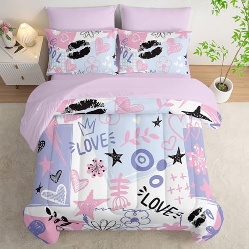 7Pcs Comforter Set Pink Purple Graffiti Stars Hearts Printed Bedding Set with 1 Comforter,1 Flat Sheet,1 Fitted Sheet and 4 Pillowcases Bedroom All Season(Full)
