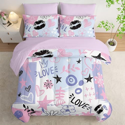 7Pcs Comforter Set Pink Purple Graffiti Stars Hearts Printed Bedding Set with 1 Comforter,1 Flat Sheet,1 Fitted Sheet and 4 Pillowcases Bedroom All Season(Twin)