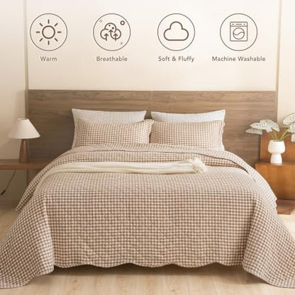 Lady Ann 100% Cotton Twin Quilt Set - Tan Gingham Quilted Bedspread, Soft 68x86 Khaki Plaid Coverlet with 1 Scalloped Edge Pillow Sham, Lightweight Farmhouse Bedding Set for All Season