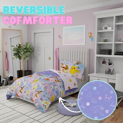 Franco Pokémon Girl Kids Bedding Twin Size – 5 Piece Comforter & Sheet Set with Sham – Super Soft – Eevee, Pikachu & Jigglypuff – (Officially Licensed Product)