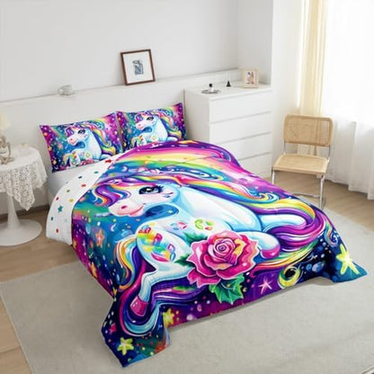 Watercolor Unicorn Kids Comforter Sets Cartoon Rainbow Unicorn Bedding Set,Soft Breathable Reversible Cartoon Cute All Season Comforter Set with 2 Pillowcases for Girls Girly Bedroom Decor Full Size