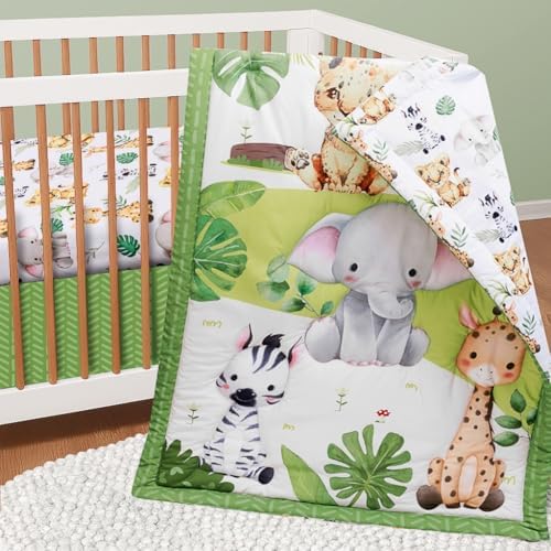 Baby Crib Bedding Set Safari Neutral Crib Nursery Comforter Bed Sets Decor with Fitted Crib Sheet, Comforter and Bed Skirt for Unisex Boys Girls (Safari)