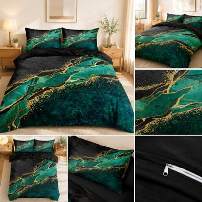 Black and Green Marble Duvet Cover Set King Size Gold Veins Malachite Comforter Cover Bedding Set Luxry Art Decor Bedroom