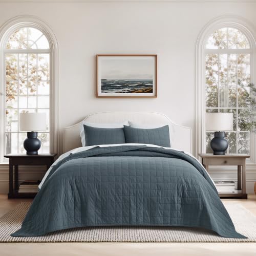 EVERGRACEHOME 100% Cotton Box Stitch Quilt Set, Oversized King, Midnight Blue