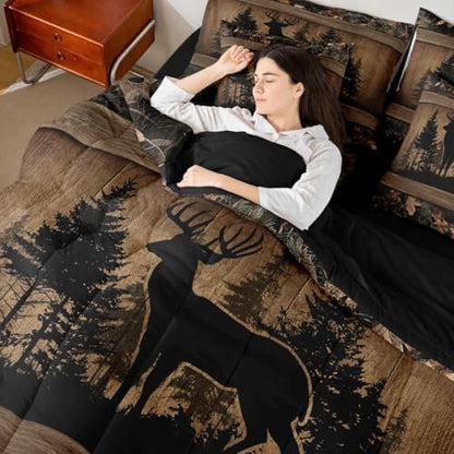 Erosebridal 7 Piece Farmhouse Deer King Bed in A Bag Camo Woodland Hunting Comforter Set with Sheets | for Kids Boys Teen Men,Rustic Cabin Bed in A Bag Wildlife Animal Print Bed Set Country Decor