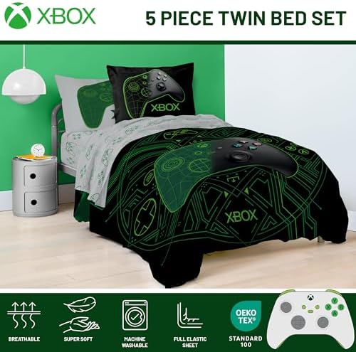 Jay Franco Kids Comforter Set Includes Sheets and Pillow Covers - Soft and Cozy Bed Set for Stylish Room Decor, Official Licensed Product, White - Xbox, 5 Piece Twin