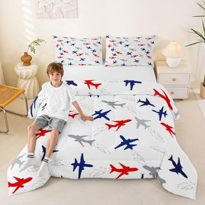 Feelyou Aircraft Flying Comforter Set Queen Size Airplane Print Bedding Set for Kids Boys Girls Air Transport Duvet Quilt Bedroom Decor Microfiber 3 Pcs with 2 Pillow Cases