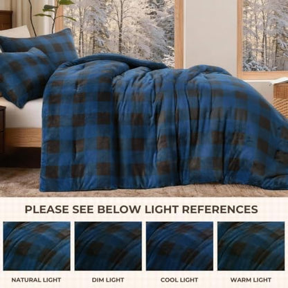 Litanika Velvet Flannel Plaid Comforter Set Queen, 3 Pcs Blue Blanket