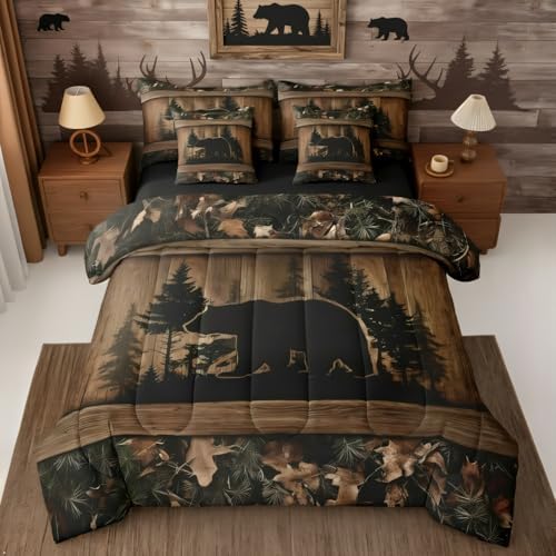 Erosebridal Farmhouse Black Bear Twin Comforter Set with Sheets 7 Piece Rustic Camo Bed in A Bag Country Cabin Lodge Bedding Sets for Kids Adults,Woodland Animal Bed Set