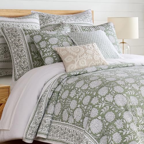 Levtex Home Adare Sage Reversible King/Cal King Quilt Set (106x92in) with 2 Pillow Shams (36x20in) - Floral Bedding - Sage White - Cotton King Size Quilt Bedding Set - Lightweight, Soft, Pre-Washed