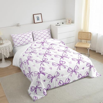 Purple Bow Girlish Comforter Set King Size,Bowknot Love Heart Cartoon Girly Bedding Set,Girls Women Room Decor,Bow Princess Style Romantic Down Comforter,Simple Chic Duvet Insert,2 Pillowcases