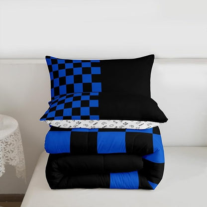 Geometric Check Kids Bedding Set King Size,Video Games Plaid Lattice Comforter Set，Modern Grid Simple Quilt Comforter,Black Blue Bedroom Duvet Insert,2 Pillowcases