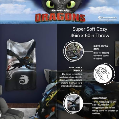 How to Train Your Dragon Toothless Kids Bedding Super Soft Plush Cozy Throw, 46 in x 60 in, (Officially Licensed Product) By Franco