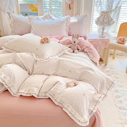 100% Cotton Cherry Print Duvet Cover Set Full, Aesthetic Cherry Elephant Pattern Comforter Cover with Ruffle Lace, Lightweight Soft Princess Lace Bedding Cottagecore Duvet Cover with 2 Pillowcases