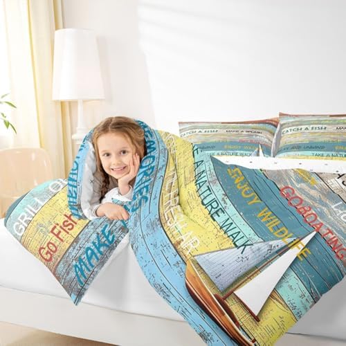 Castle Fairy Lake House Comforter Set Queen Size,Rustic Farmhouse Wooden Bedding Set 3pcs for Kids Teens Adults Room Decor,Boating Lover Quilt Set Vintage Sea Adventure Duvet Insert,2 Pillowcases