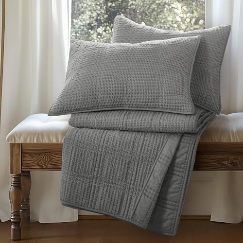Levtex Home Cloud Waffle Full/Queen Quilt Set (88x92in) and 2 Pillow Shams (26x20in) - Box Quilted Waffle Cotton Texture - Grey - Cotton Full/Queen Size Quilt Bedding Set - Lightweight Soft Pre-Washed