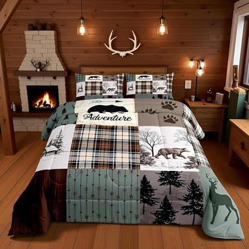 Rustic Farmhouse Kids Comforter Set King Size,Deer Antlers Bear Animal Paws Plaids Patchwork Bedding Set for Boys Girls Room Decor,Pine Trees Arrows Down Comforter,Xmas Duvet Insert,2 Pillowcases