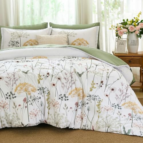 Yiran Queen Comforter Size Set, 7 Piece Green Dandelion Floral Bed in a Bag
