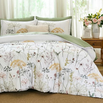 Yiran Queen Comforter Size Set, 7 Piece Green Dandelion Floral Bed in a Bag