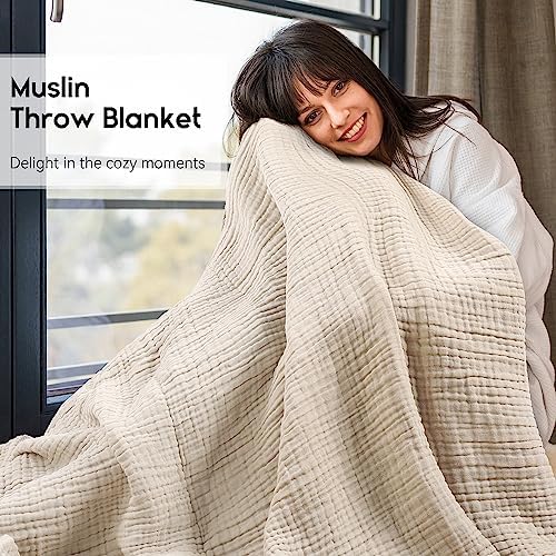 Yoofoss Muslin Blanket 100% Organic Cotton Large Twin Size 60" x 80" for Bed Couch Summer Gauze Blanket for Adults Lightweight and Breathable Apricot White