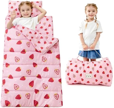 Toddler Nap Mat for Preschool 50''x30'' Sleeping Mat with Removable Pillow and Minky Blanket for Kids Ages 3-7 Roll Up Soft Sleeping Bag for Boys Girls Kindergarten Daycare Sleepover