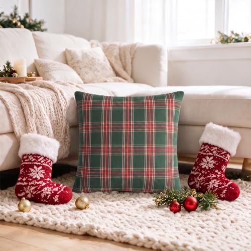 AVOIN colorlife Christmas Green Red Plaid Decorative Throw Pillow Covers, 20 x 20 Inch Holiday Scottish Tartan Cushion Case Farmhouse Decoration for Sofa Couch Set of 2