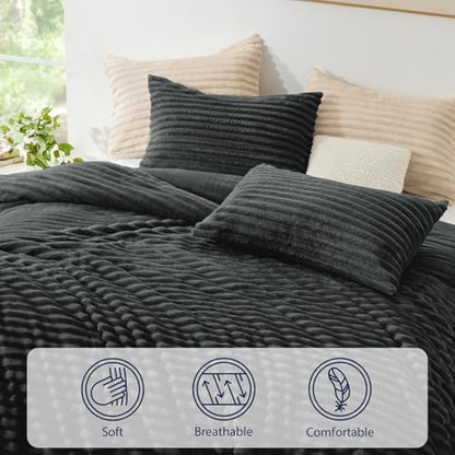 EXQ Home Fluffy Comforter Set King Size,3 Pieces Bed Set,Dark Grey