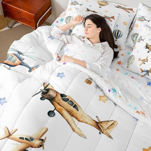 Erosebridal Cute Propeller Plane King Size Comforter Set with Sheets, Cartoon Airplane Aircraft 7 Pcs Bedding Set for Kids Boys Teens Girls Adults, Hot Air Balloon Bed in A Bag, Star Print Bed Sets
