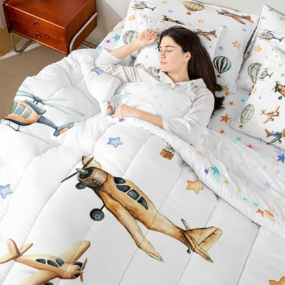 Erosebridal Cute Propeller Plane King Size Comforter Set with Sheets, Cartoon Airplane Aircraft 7 Pcs Bedding Set for Kids Boys Teens Girls Adults, Hot Air Balloon Bed in A Bag, Star Print Bed Sets