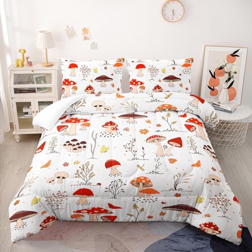 Nttopship Cartoon Mushroom Comforter Sets Full Size，Bedding Sets for Kids,Colorful Mushrooms and Butterflies Comforter Sets，Kids Room Decor with 1 Comforter with 2 Pillow Case