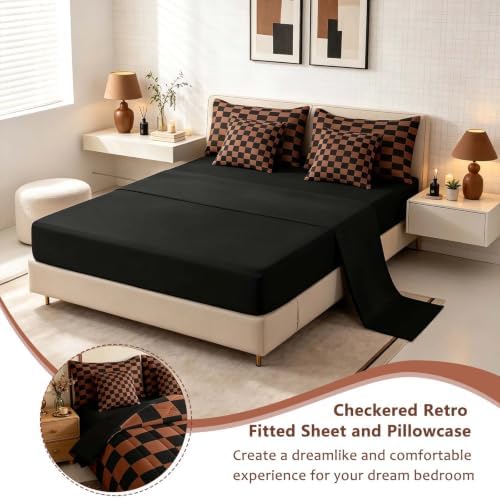 Feelyou Checkered 7 Piece Bedding Set Teen Brown Black Plaid Comforter Set with Sheets Twin Size Kids Boys Cute Retro Neutral Checkerboard Geometric Bed in a Bag Vintage Aesthetic Room Decor