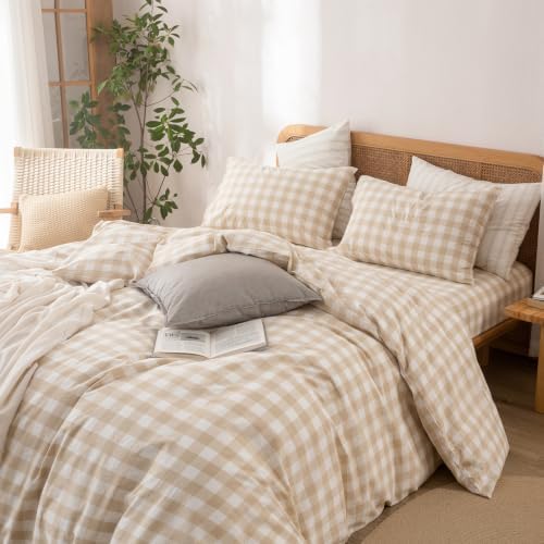 BESTOUCH Gingham Cotton Duvet Cover Set Almond Grey Super Queen