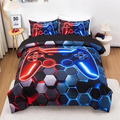 NTBED Queen 3 Pieces Game Comforter Set for Boys Girls Kids Gaming Lightweight Microfiber Gamer Bedding Sets Red Blue