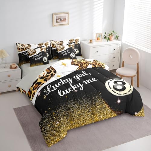 Erosebridal Leopard Print Lucky 8 Ball 7 Piece Bedding Set Full Size,Preppy Cheetah Bow Comforter Set For Kids Adults,Fashion Trendy Y2K Bed In A Bag With Sheets Black Golden Luxurious Sequins Bed Set