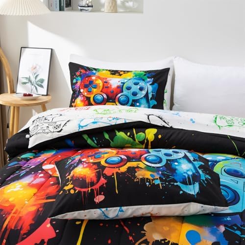 Full Size Comforter Set for Boys, 5 Pieces Graffiti Gamer Bedding Set