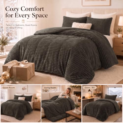 CozyLux Fleece Queen Comforter Set, 3 Piece Winter Warm Brown Bedding