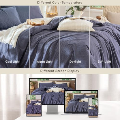 MooMee Striped Duvet Cover Set 100% Washed Cotton Linen Like King