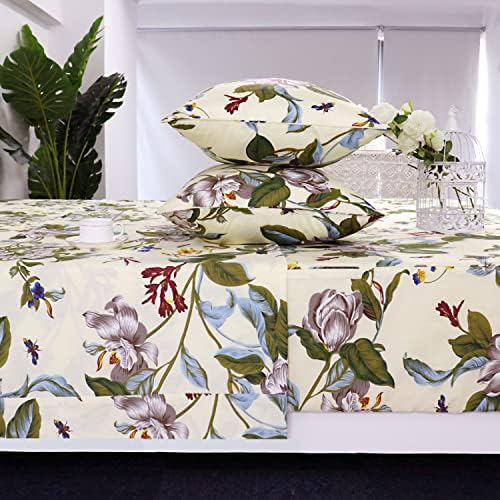 FADFAY Shabby Floral Sheets Twin 100% Cotton 600 TC White Flower and Green Leaves Bedding Vintage Garden Botanical Print Country Side Bed Sheet Soft Hypoallergenic Deep Pocket Sheet 17.5''