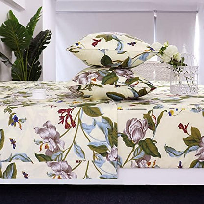 FADFAY Shabby Floral Sheets California King 100% Cotton 600 TC White Flower and Green Leaves Bedding Vintage Garden Botanical Print Country Side Bed Sheet Soft Hypoallergenic Deep Pocket Sheet 17.5''