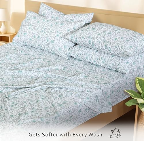 RUVANTI 100% Cotton Split King Sheets, Percale Sheets Set, Wildflower Nest